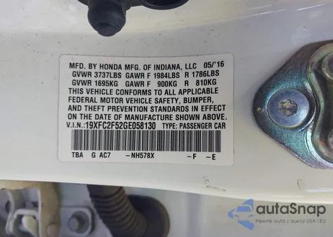 2016 Honda Civic Lx z USA, uszkodzony, nr VIN 19XFC2F52GE058130